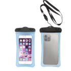 Two waterproof phone pouches with a lanyard. One pouch displays a smartphone with a visible screen, while the other shows the phones back with cameras. The pouches have a blue border and black sealing mechanism.