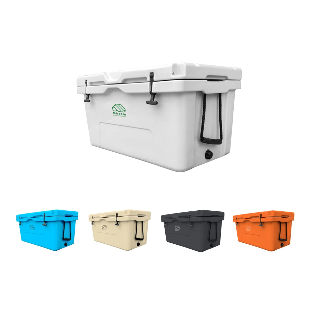 Five coolers in various colors (white, blue, beige, gray, orange) are aligned. The coolers feature a robust design with a lid, handle, and a drain plug. The image focuses on the white cooler placed above the others.