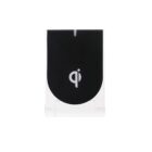 A black and white Qi wireless charger with a folding stand, displaying the Qi logo on the front. The charger has a sleek, minimalist design.