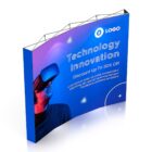 A curved display stands with a blue and purple gradient background. It features a person wearing a VR headset on the left and the text: Technology Innovation. Discount Up To 30% Off. A logo is at the top right.