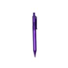 A purple retractable ballpoint pen with a clear barrel and clip is centered on a white background. The pen has a pointed tip at the bottom.