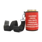 Red can holder with text: Gazebos, Decks, Bali Huts, Pergolas, Landscaping, Hardwood Posts. It includes a black strap and carabiner, holding a beverage can.