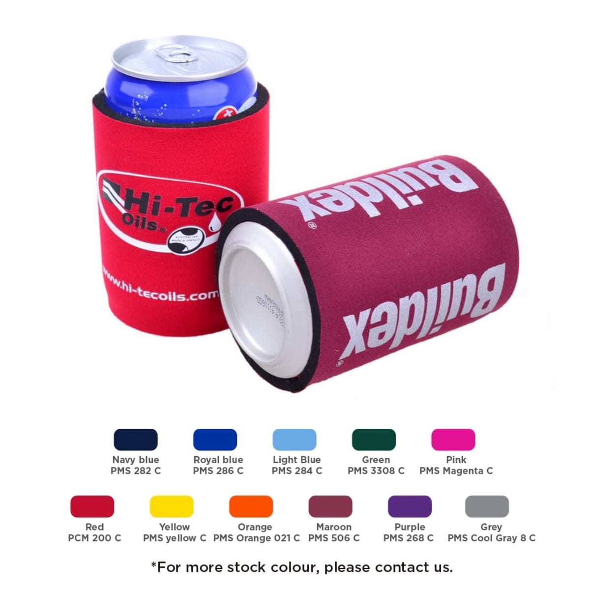 Two beverage cans in colorful can coolers are displayed. One cooler is red with Hi-Tec Oils text and logo. The other is maroon with Builder text. A palette of color options is shown below the cans, each labeled with its name and PMS code.
