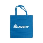 A blue tote bag with long handles featuring a white logo and the word AVERY printed in the center.