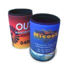 Two colorful can coolers stand side by side. The left one is red and orange with text about maintenance services. The right one is blue, featuring a logo and contact details for an engineering company.