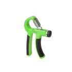 Green hand grip strengthener with black accents and a metal spring, designed for exercise and hand muscle training, isolated on a white background.