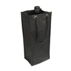 A black, reusable wine bottle bag with a bottle inside. The bag has sturdy handles and is made of a textured fabric. The top of the bottle is visible above the bag’s opening.