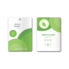 Two ID badge mockups with green abstract designs. The left badge states Work Permit with a placeholder email at the bottom. The right badge features a leaf icon and placeholder text Your Title Here with a subtitle, along with an arrow symbol.