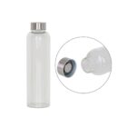 A clear glass water bottle with a silver-colored metal screw cap. The image includes a circular inset showing a close-up of the bottles open mouth and the interior of the cap.