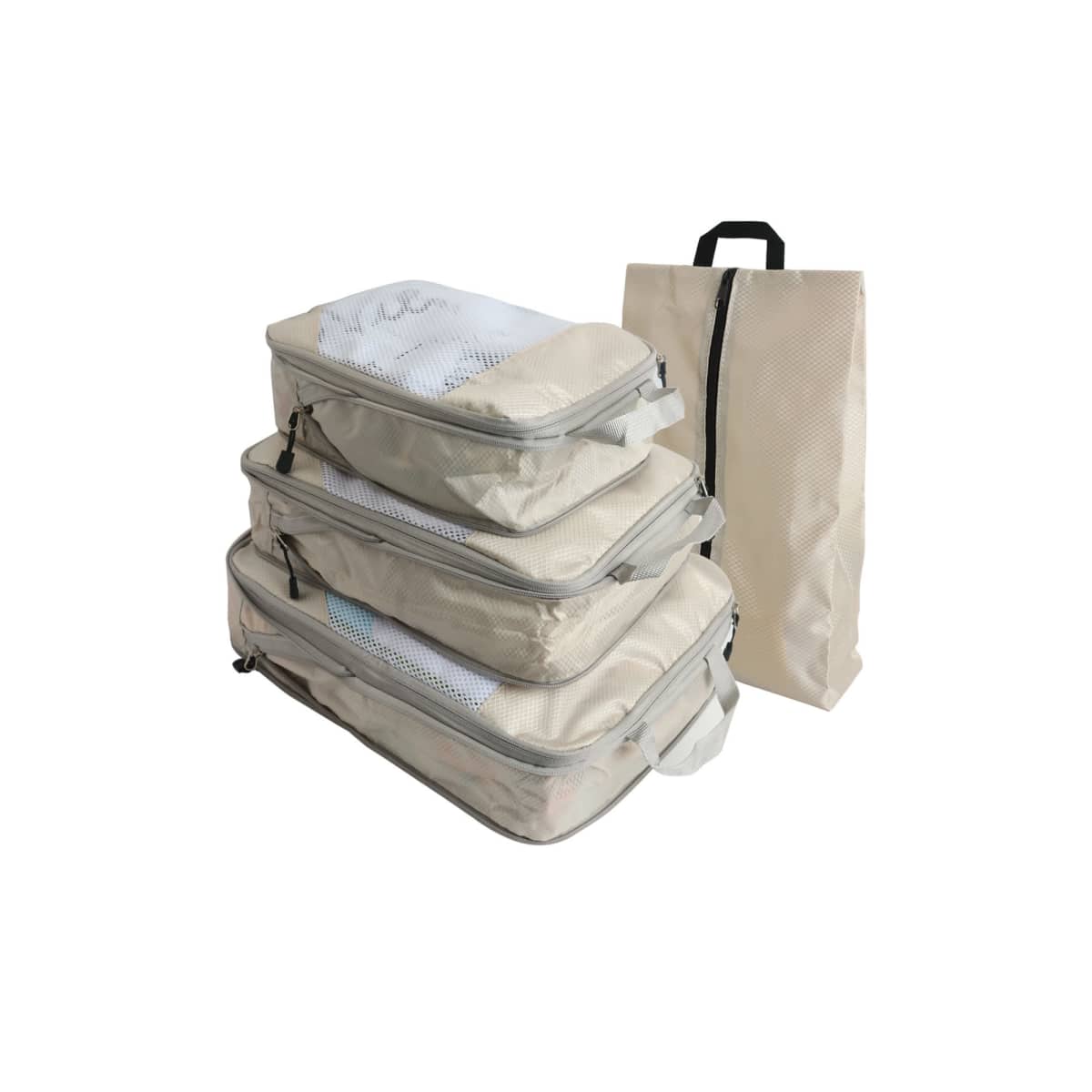 A set of four beige packing cubes with zippers, neatly stacked. They vary in size and have mesh tops. To the right, theres a matching beige laundry bag standing upright with a black handle.