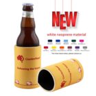 A brown glass bottle in a yellow neoprene holder labeled CouriersPlease with delivery icons. NEW in red text highlights the white neoprene material. Various color swatches and their codes are displayed above the product.