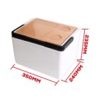 A white rectangular cooler box with a wooden lid featuring two cup holders. Dimensions are marked: 350mm length, 240mm width, and 235mm height. The cooler has black trim around the top edge.
