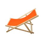 A wooden deck chair with a bright orange fabric seat. The chair is positioned at an angle against a plain white background.