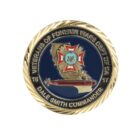 A circular badge with a gold border features a submarine and a red-and-white cross over a map of California. Text reads Veterans of Foreign Wars Dept. of CA, Dale Smith Commander, and 16 and 17 on either side.