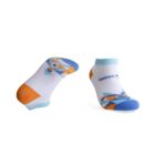 Two ankle socks with geometric patterns in blue, orange, and white. One sock is positioned to show the sole, while the other displays the top with the word BRAND. Both socks have vibrant colored toes and heels.