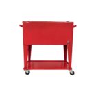 A red rolling cooler with a lid and side handles on four wheels. It has a lower shelf and an attached bottle opener on one side. The design is simple and functional for storing and transporting chilled items.