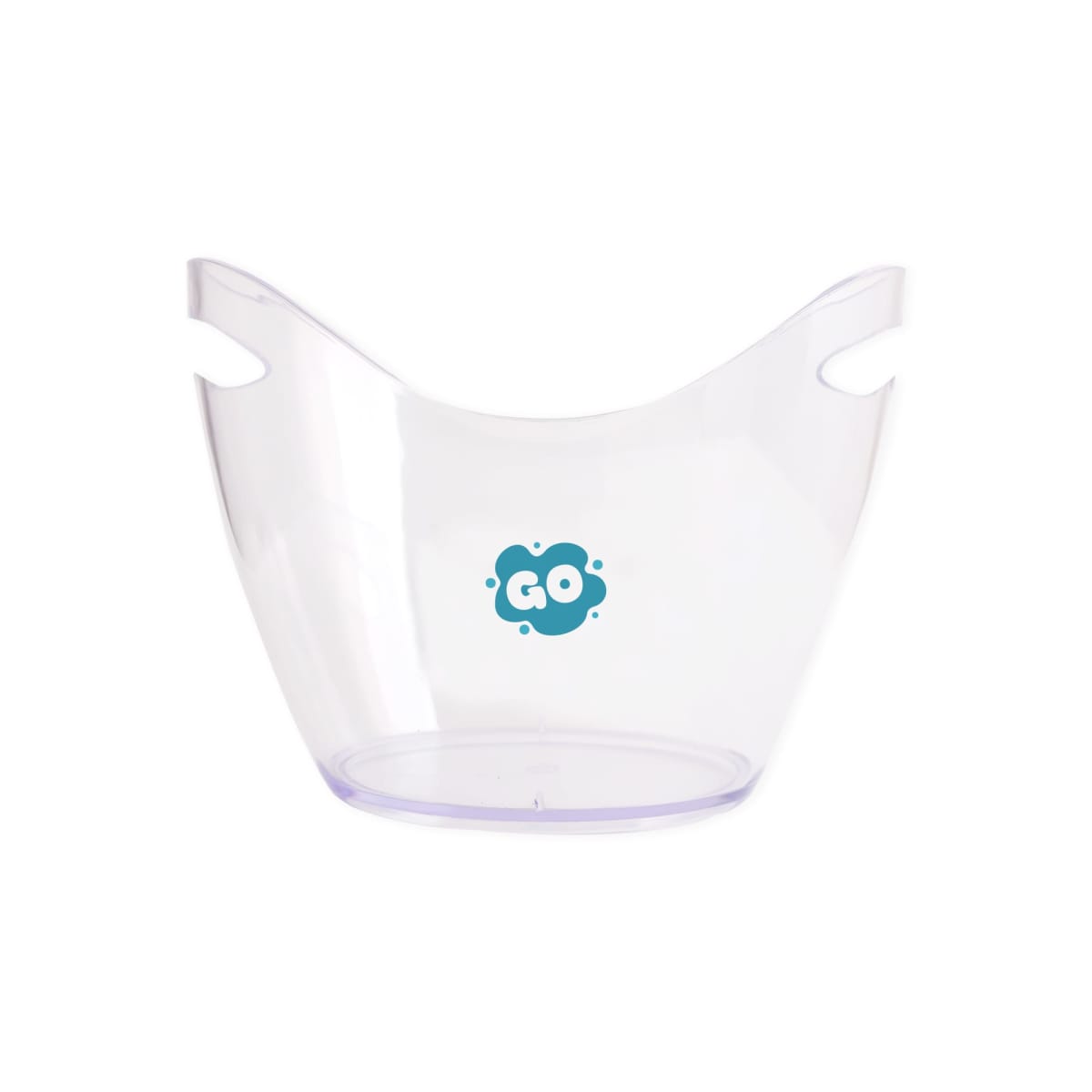 A clear plastic storage bin with two handles, featuring the word GO in a playful blue font on the front.
