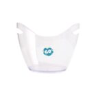 A transparent plastic basket with two handles and a teal-colored logo in the center that reads GO.