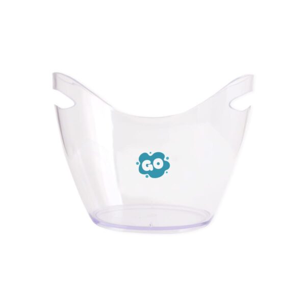 A transparent plastic basket with two handles and a teal-colored logo in the center that reads GO.