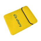 Bright yellow laptop sleeve with a black trim along the opening edge. The word charry is printed in blue on the front, accompanied by a stylized icon resembling headphones above the letters.