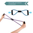 A pair of hands stretches a purple resistance band with black handles. Above, a blue band is shown in a bow shape with arrows indicating flexibility. Text reads, Nice ductility and resilience, no deformation.