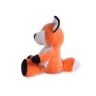 A plush orange and white stuffed animal resembling a fox sits on its hind legs against a plain white background. The fox has black-tipped ears and paws, and its head is turned to the right.