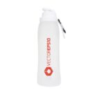 Clear plastic sports water bottle with a red logo and a black carabiner clip on the cap.