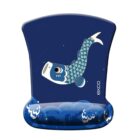 Illustration of a blue mouse pad featuring a koi fish design. The fish has a white head and scales in shades of blue and green. The bottom of the pad shows stylized waves, and the background is dark blue with a subtle pattern.