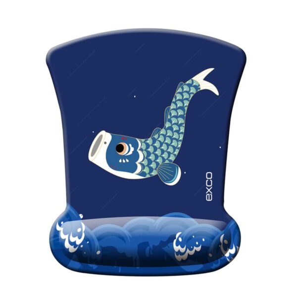 A mouse pad with a design of a jumping koi fish on a dark blue background. The fish has scales in shades of blue and white, with an open mouth. Wave patterns are at the bottom, with the brand name EXCO visible.