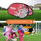 Children playing soccer in front of portable, pop-up goals on a grassy field. One goal has an illustration of athletes and the text ATHLETICS champions, while the other features a soccer ball design. Text reads Perfect for outdoor activities.