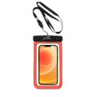 A smartphone with an orange gradient screen is enclosed in a red waterproof pouch with a black seal and a lanyard attached for easy carrying.