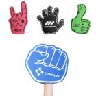 Four foam hands with different designs: a red hand making a rock sign, a black hand with lettering and design, a green thumbs-up, and a blue fist with a companys name, held by a raised arm.