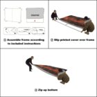 Instructional image showing three steps to assemble a frame with a printed cover. Step 1: Assemble frame. Step 2: Slip cover over frame. Step 3: Zip up bottom. Two blurred individuals demonstrate the process.