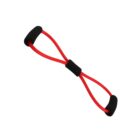A red resistance band with black foam handles on each end, twisted in the middle to form an infinity shape. The band is used for exercise and muscle strengthening. The foam handles provide a comfortable grip.