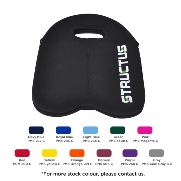 Black seat cushion with a handle, branded STRUCTUS in white with colorful accents. Below, there are color swatches showing Navy, Royal, Light Blue, Green, Pink, Red, Yellow, Orange, Maroon, Purple, and Grey with their PMS codes.