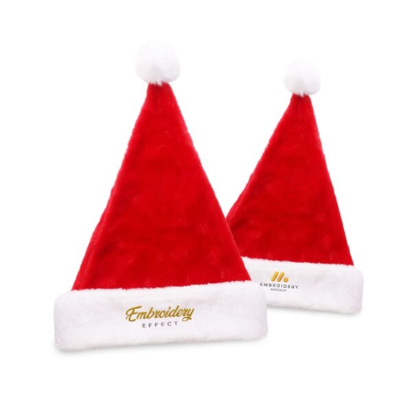 Two red Santa hats with white trim and pom-poms. The front hat displays Embroidery Effect in gold lettering. The back hat has a smaller logo and text in white and gold.