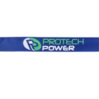 A blue ribbon with the PROTECH POWER logo. The logo features a green and white circular emblem with stylized letters, and the text PROTECH in green and POWER in white.