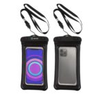 Two black waterproof phone cases with clear windows. One shows a phone screen with a colorful circular pattern; the other shows the back of a phone with three cameras. Each case has a detachable lanyard.