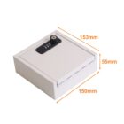Small white lockbox with dimensions 153mm x 150mm x 55mm shown.