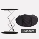 A portable folding table with a black top and collapsible metal legs is shown next to its black carry bag. The table is labeled as Standard.