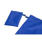 Close-up of a blue fabric item featuring two sections connected by a black clip. The larger section appears to be a bag or pocket, while the smaller section is possibly a pouch, both made of the same material.