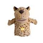 A plush puppet in the shape of a cheetah with spots and upright ears. It has an open mouth and a circular patch on its chest with the word GO in bold yellow letters. The background is white.