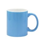 A plain light blue ceramic mug with a large handle sits against a white background. The mug has a glossy finish and is empty.