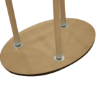 A close-up image of a wooden oval base with three metal poles attached, each held by a round metal bracket. The base rests on a white surface.