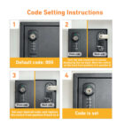 Instructions for setting a lock code, with step-by-step visuals and text.