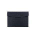 A sleek, rectangular black envelope-style leather clutch against a plain white background, featuring a flap closure with no visible embellishments.