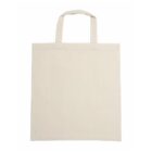 A plain, beige canvas tote bag with two handles, shown on a white background.