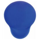 Blue computer mouse pad with a soft gel wrist rest at the bottom. The pad has a rounded top and a teardrop shape design, providing ergonomic support.