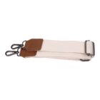 A beige canvas bag strap with brown leather accents and black metal clasps. The strap is folded flat, showing its adjustable buckle and sturdy clasps on each end.