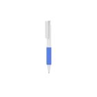 A ballpoint pen with a blue grip and a white barrel. It features a push-button mechanism and a pocket clip.